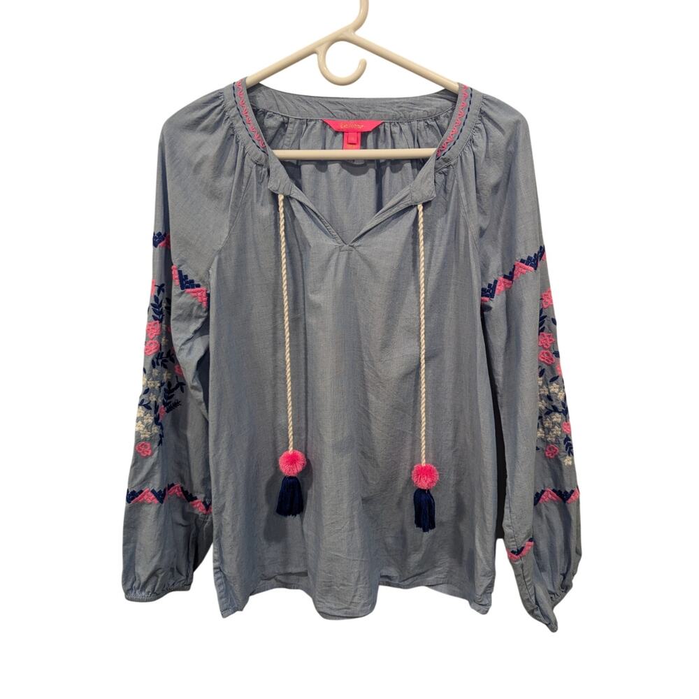 Lily Pulitzer Embroidered Tunic Top Size Small Blue Pink